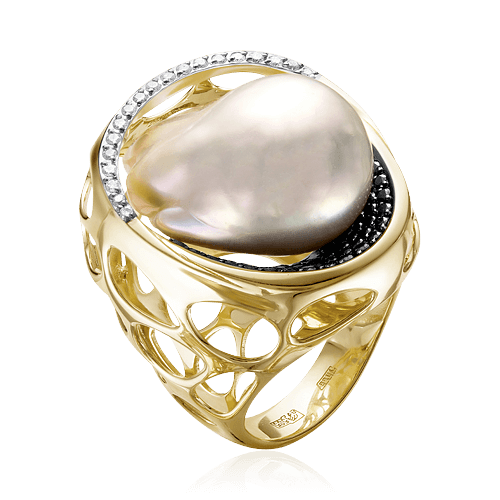 Кольцо с морским барочным жемчугом и бриллиантами в желтом золоте 585 пробы, фото № 1
