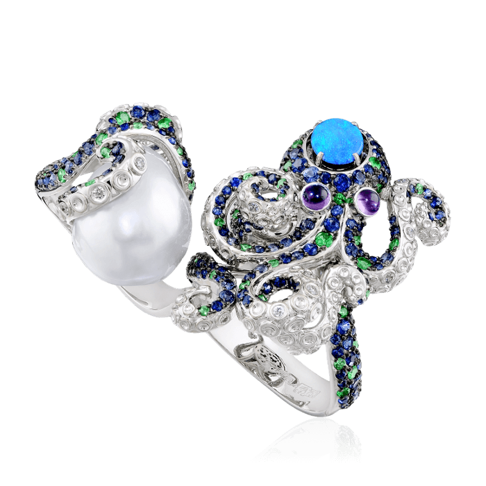 Кольцо Осьминог с жемчугом, бриллиантами, сапфиром, аметистом, тсаворитом, опалом из белого золота 750 пробы, фото № 1