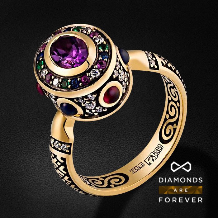 Кольцо Символ с цветными камнями и бриллиантами в комбинированном золоте, фото № 1