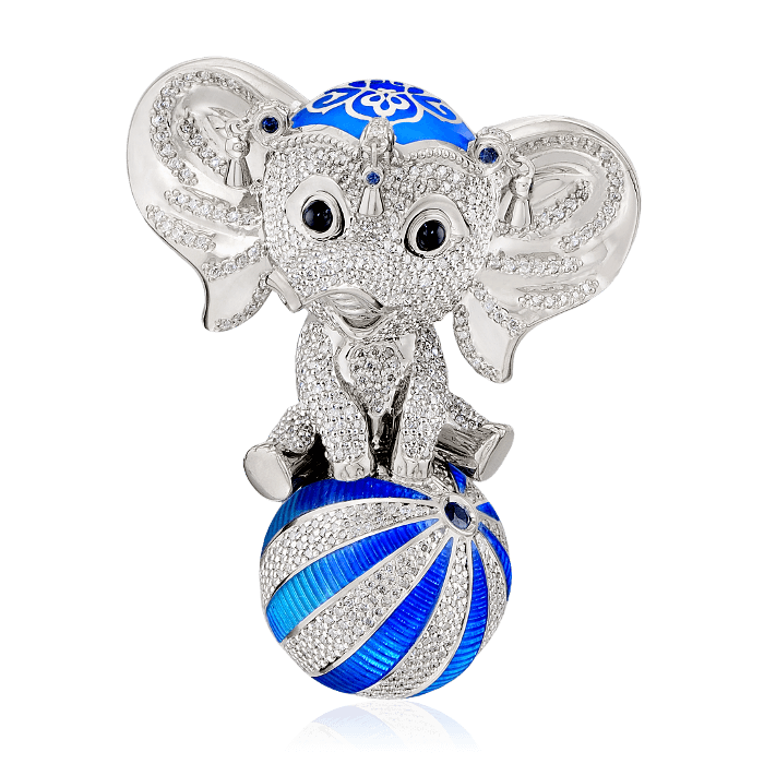 Кулон Слон на шаре с бриллиантами и цветными камнями в белом золоте 750 пробы, фото № 1