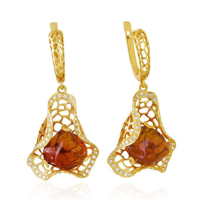 Длинные серьги с опалом, бриллиантами из желтого золота 750 пробы (арт. 36013)