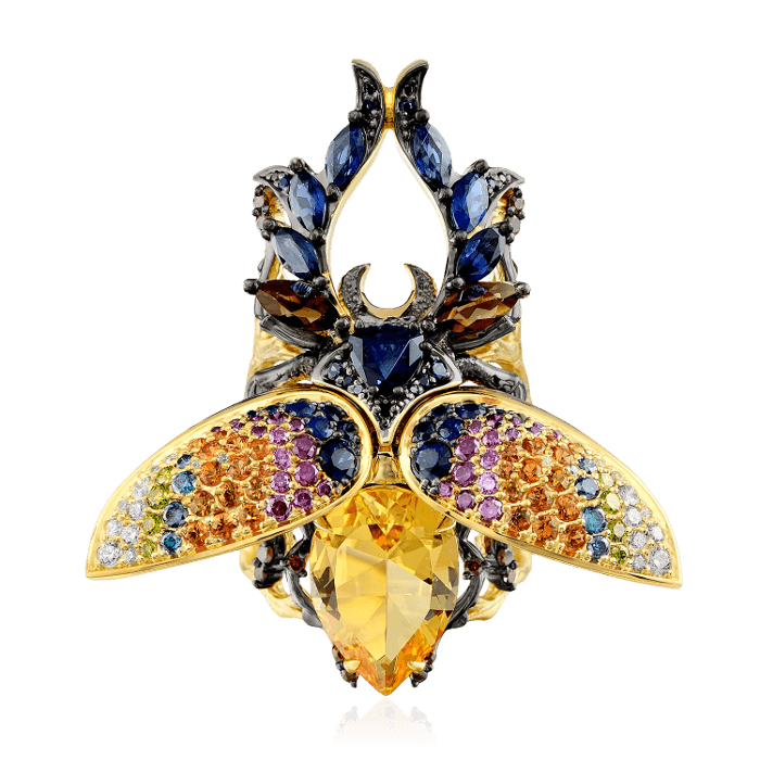 Кольцо жук-олень с подвижными крыльями с бриллиантами, лимонным кварцем и цветными камнями из желтого золота 750 пробы, фото № 3