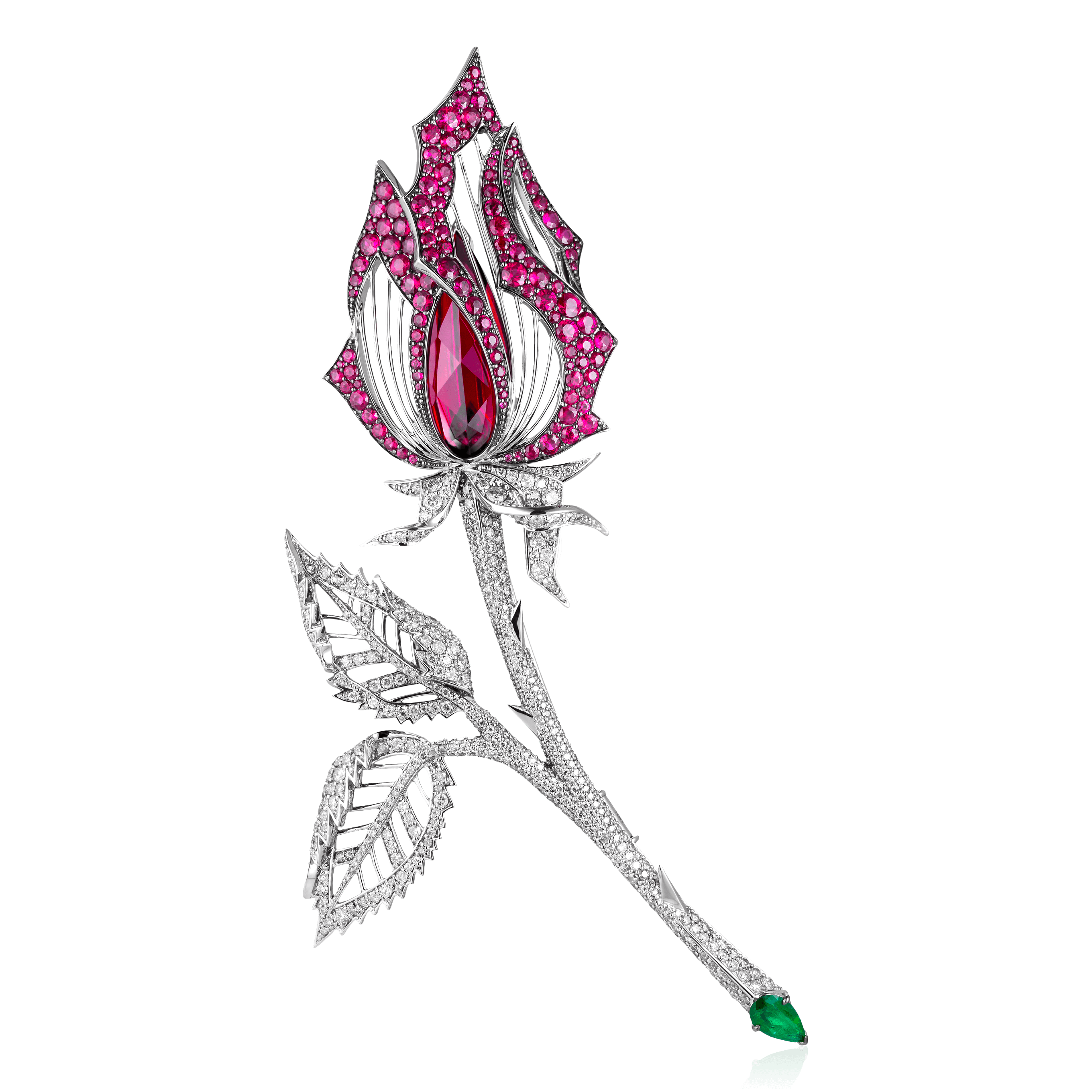 Брошь Роза с гранатом, рубинами, изумрудом, бриллиантами из белого золота 750 пробы (арт. 91862)