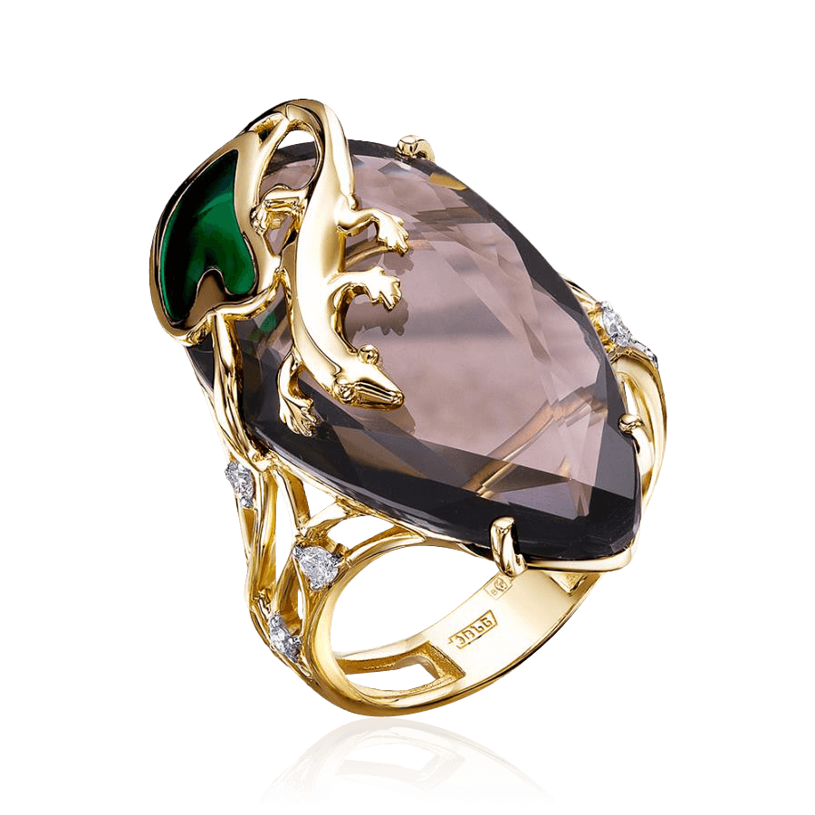 Кольцо Ящерица с топазом, бриллиантами, раухтопазом, эмалью из желтого золота 585 пробы, фото № 1