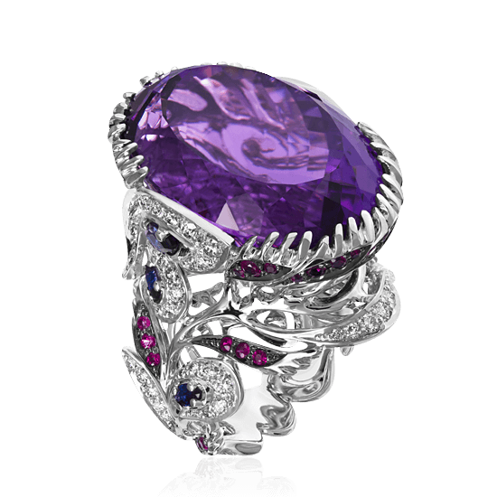 Кольцо с аметистом, сапфиром, бриллиантами, рубином из белого золота 585 пробы, фото № 1