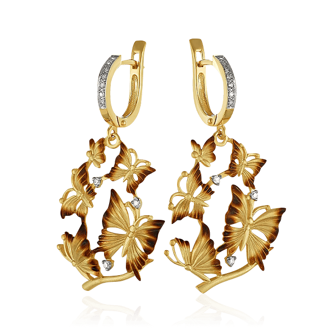 Серьги Бабочки с бриллиантами из желтого золота 585 пробы  из коллекции Танец Бабочек (арт. 44396)