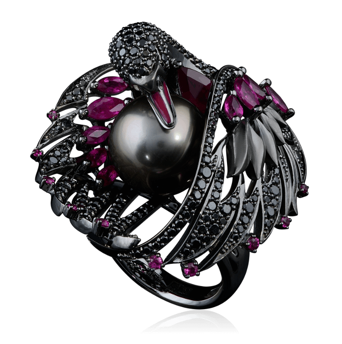 Кольцо Черный лебедь с рубинами, жемчугом, черными бриллиантами в черненом золоте 585 пробы, фото № 1