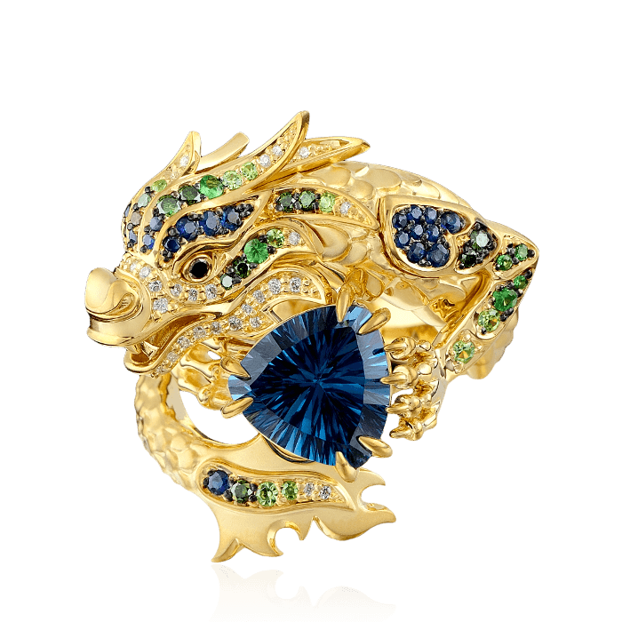 Кольцо Дракон с цветными камнями и бриллиантами в желтом золоте 750 пробы, фото № 1