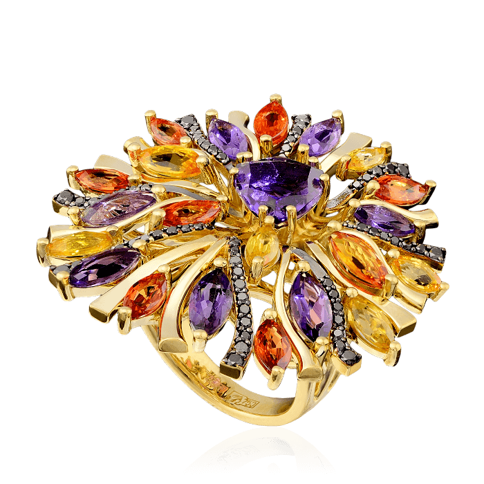 Кольцо с аметистом, бриллиантами, цветными сапфирами из желтого золота 750 пробы, фото № 1