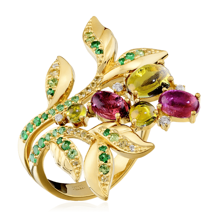 Кольцо с бриллиантами, турмалином, демантоидом, тсаворитом, цветными сапфирами из желтого золота 750 пробы, фото № 1