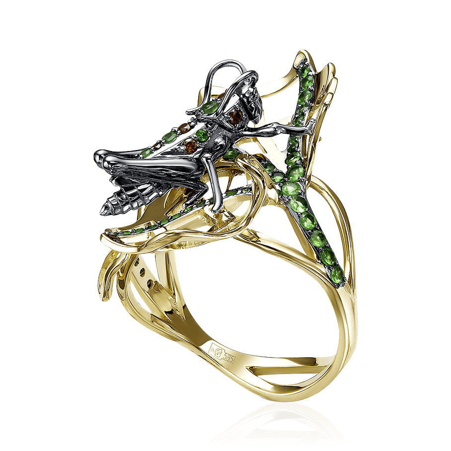 Кольцо Кузнечик с бриллиантами, тсаворитом из желтого золота 585 пробы (арт. 89011)