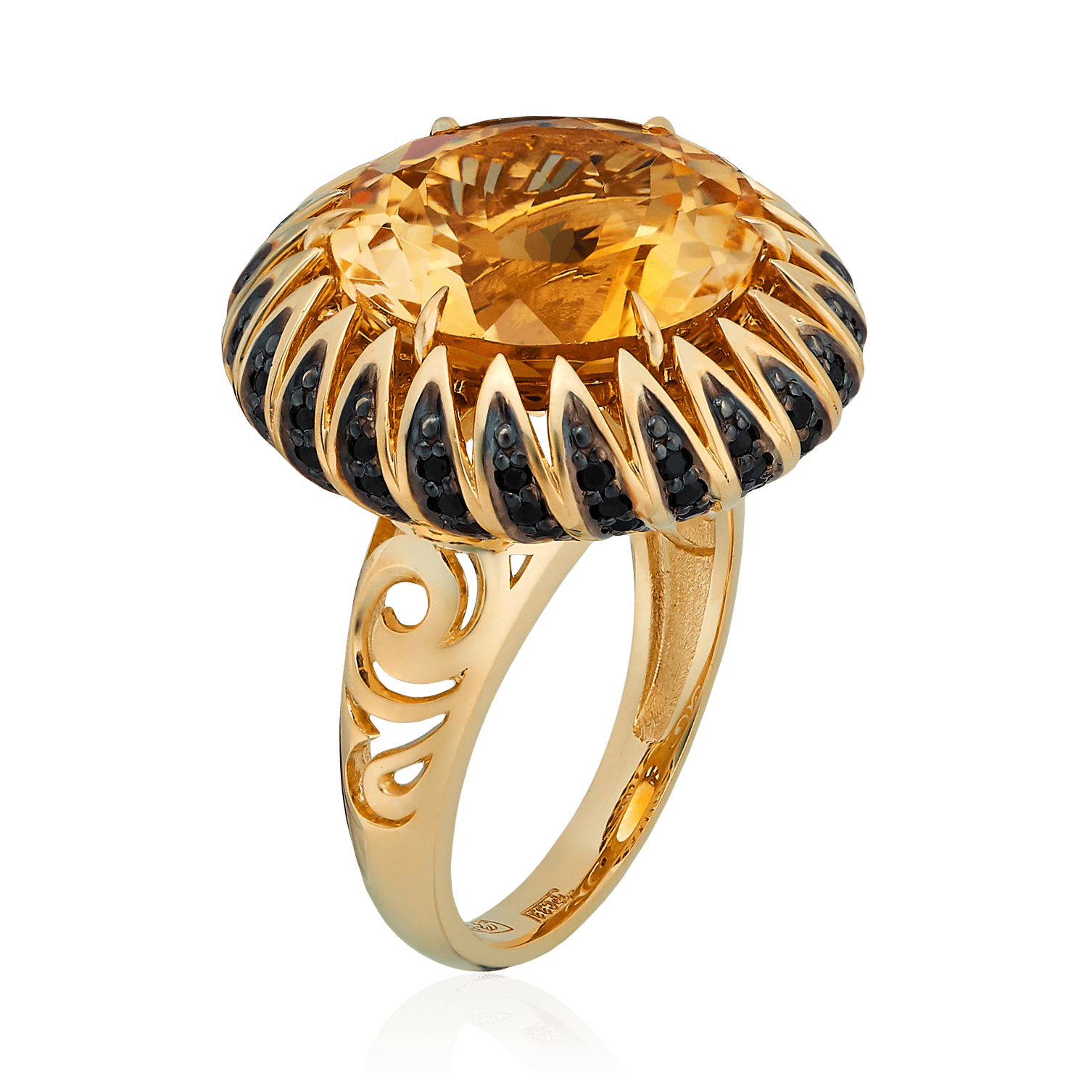 Кольцо с цитрином, цветными сапфирами из желтого золота 585 пробы, фото № 1