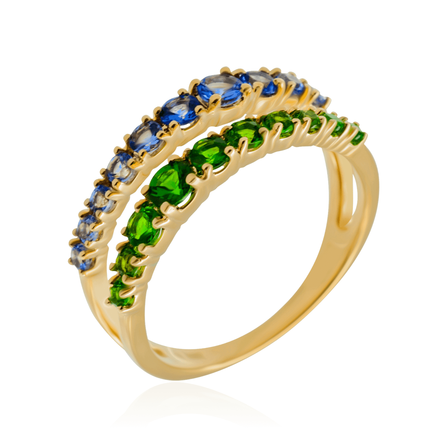 Кольцо с танзанитами и тсаворитами из желтого золота 585 пробы, фото № 1