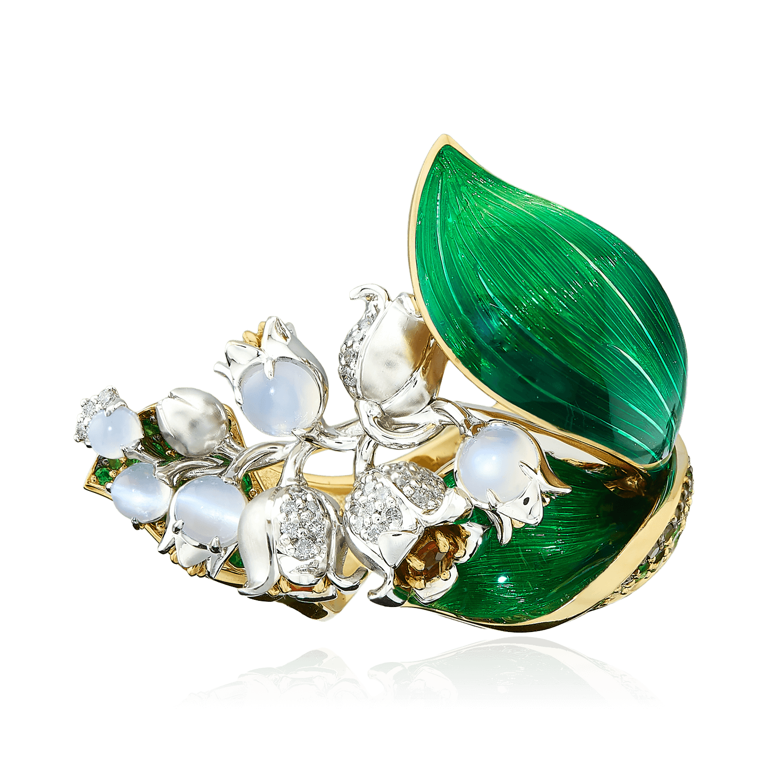 Кольцо Ландыш с лунным камнем, цветными сапфирами, тсаворитами, бриллиантами из желтого золота 750 пробы, фото № 2