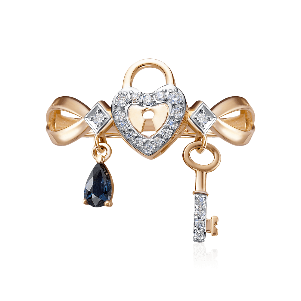Кольцо замок и ключик с сапфиром, бриллиантами из комбинированного золота 585 пробы (арт. 89006)