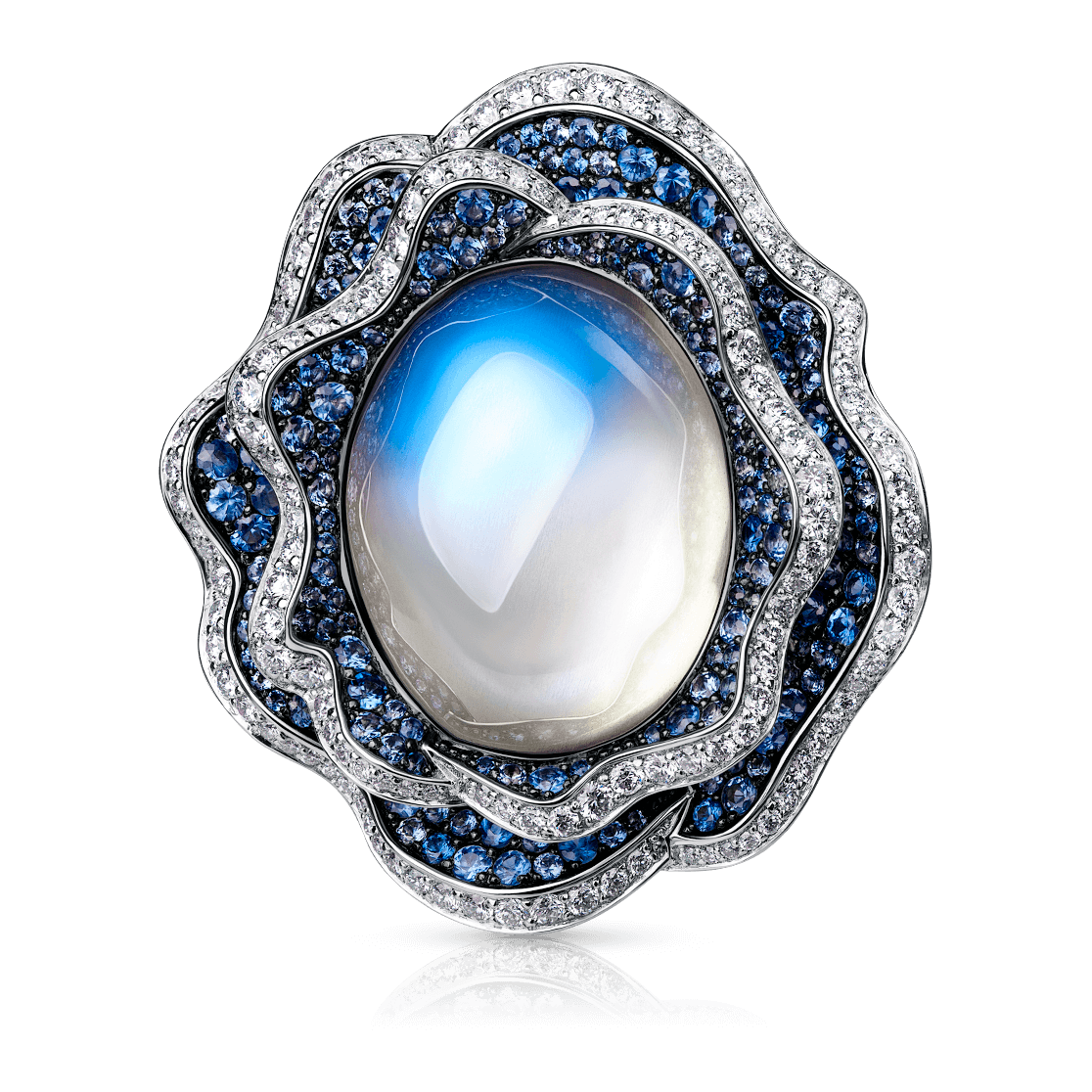 Кольцо с лунным камнем, сапфирами и бриллиантами в белом золоте 585 пробы, фото № 4