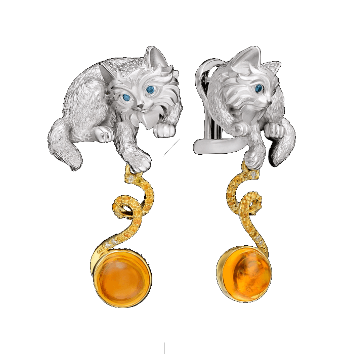 Серьги Кошки с цветными камнями и бриллиантами в комбинированном золоте 750 пробы (арт. 32644)
