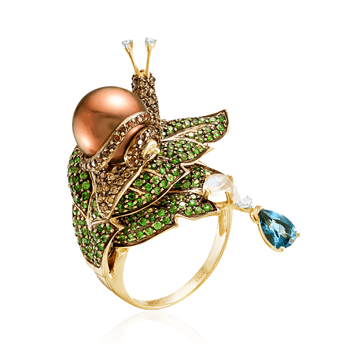 Кольцо Улитка с жемчугом, тсаворитом, лунным камнем, лондон топазом, бриллиантами из желтого золота 585 пробы, фото № 1