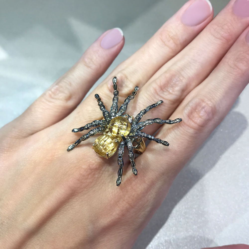 Кольцо Паук с кварцем, бриллиантами из желтого золота 585 пробы, фото № 5