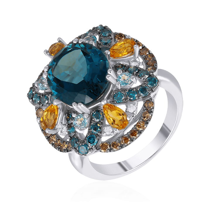 Кольцо с топазом, бриллиантами, цитрином из белого золота 585 пробы, фото № 1