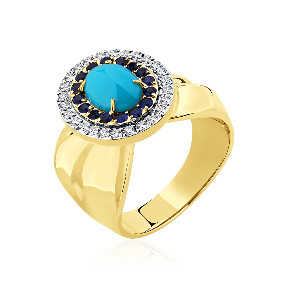 Кольцо с сапфиром, бриллиантами, бирюзой из желтого золота 585 пробы, фото № 1