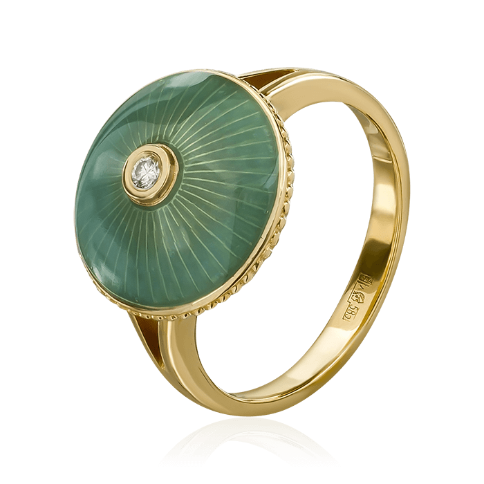 Кольцо с бриллиантом и гильошированной эмалью из желтого золота 585 (арт. 75684)