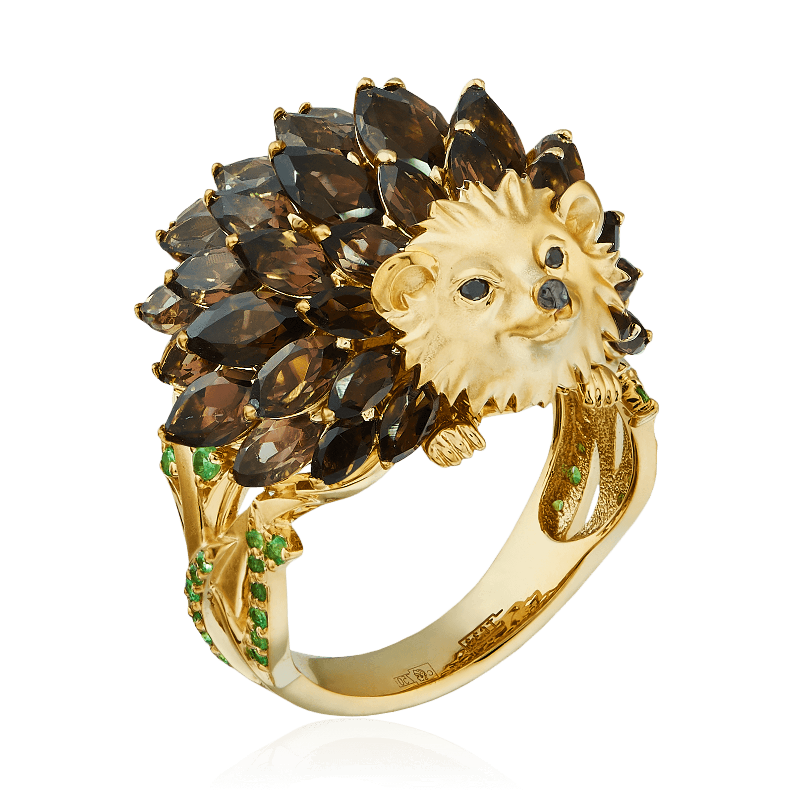Кольцо Ежик с раухтопазом, бриллиантами, тсаворитом из желтого золота 750 пробы (арт. 99430)