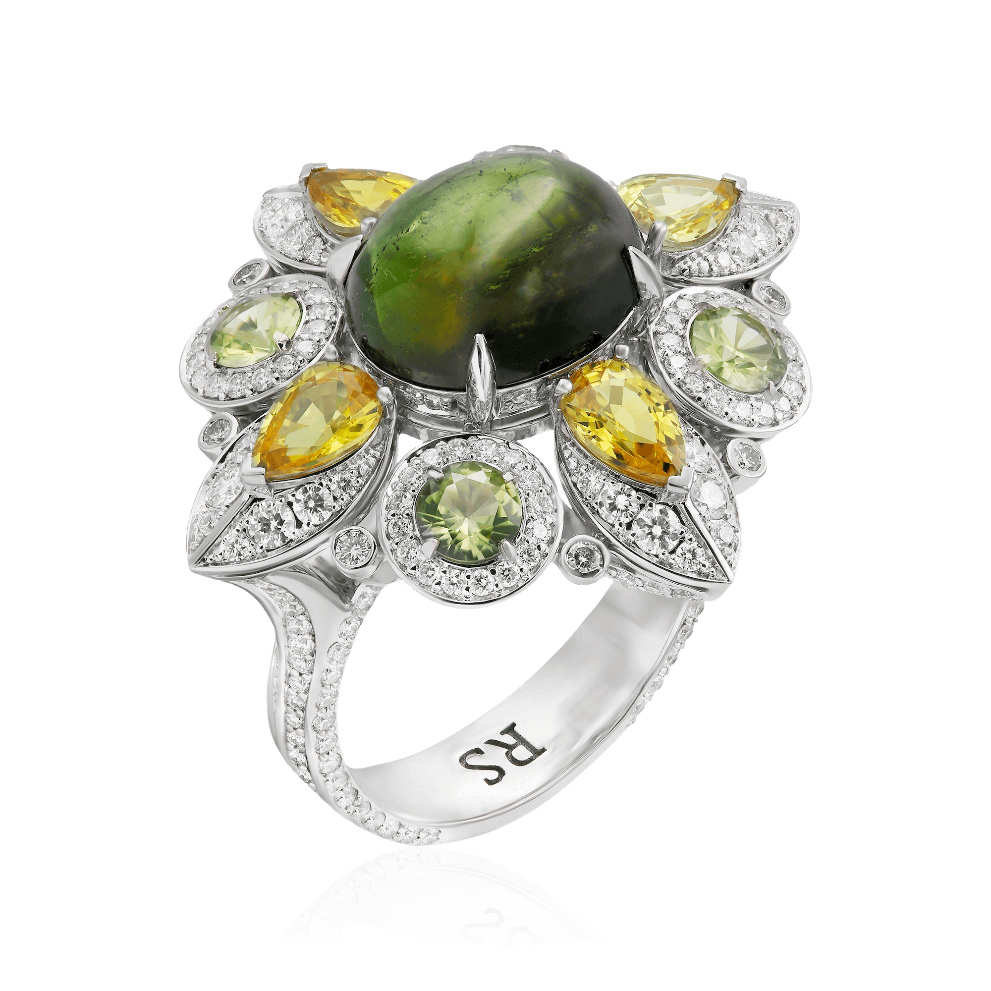Кольцо в виде цветка с сапфиром, бриллиантами, хризолитом, турмалином из белого золота 750 пробы (арт. 100451)
