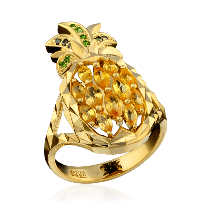 Кольцо Ананас с цветными камнями и бриллиантами в желтом золоте 750 пробы, фото № 1