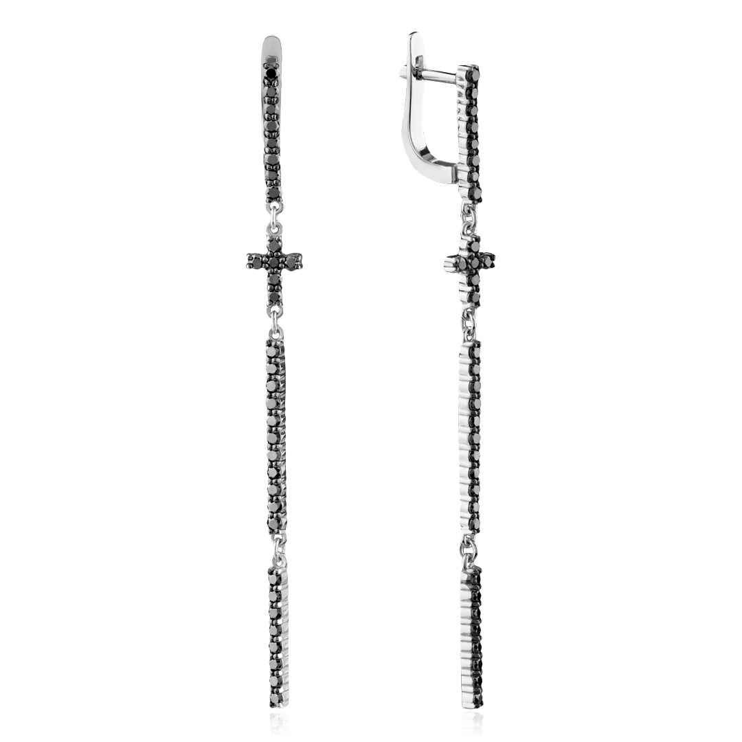 Серьги в виде крестиков с черными бриллиантами из белого золота 585 пробы, фото № 1