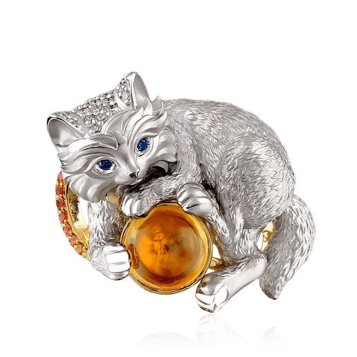 Кольцо Кошка с цитрином, цветными сапфирами и бриллиантами в белом и желтом золоте 750 пробы, фото № 2