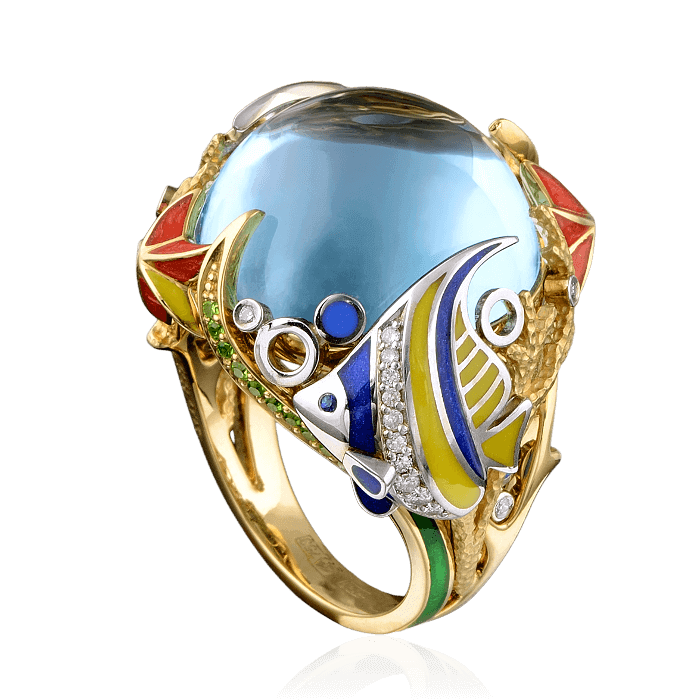 Кольцо Морское с цветными камнями, бриллиантами, эмалью в желтом золоте 750 пробы, фото № 1