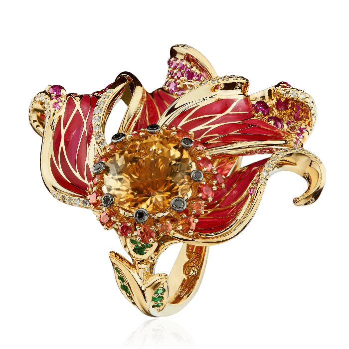 Кольцо цветок с цитрином, эмалью, бриллиантами, тсаворитом, цветными сапфирами из желтого золота 750 пробы, фото № 1