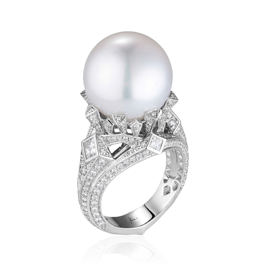 Кольцо с жемчугом Южных морей, бриллиантами из белого золота 750 пробы, фото № 1