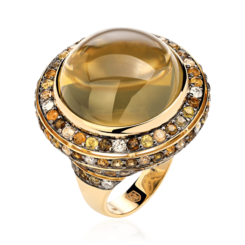 Кольцо с кварцем, аметистом, турмалином, бриллиантами из желтого золота 585 пробы, фото № 1