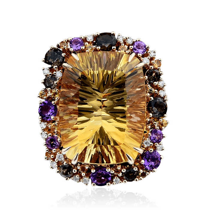 Кольцо с цитрином, сапфиром, бриллиантами, раухтопазом, аметистом, топазом, сапфиром фантазийным из желтого золота 585 пробы, фото № 2