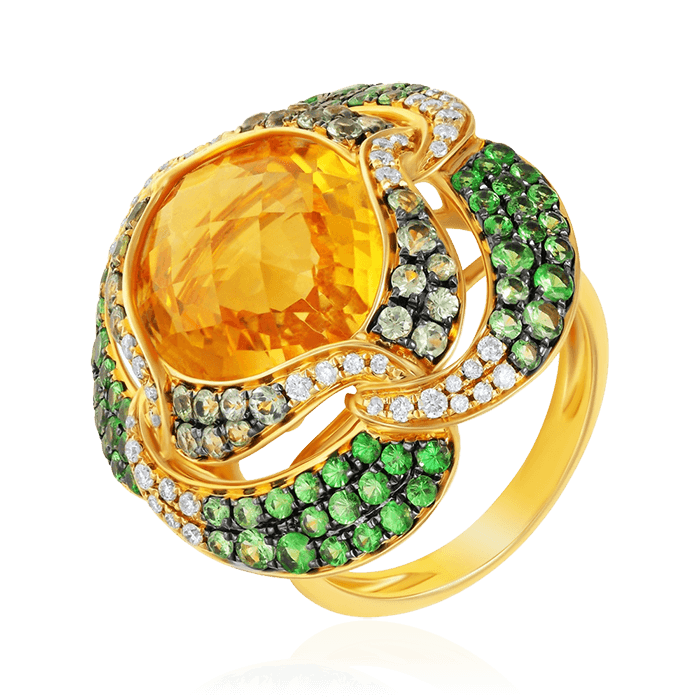 Кольцо с цитрином, тсаворитом, сапфиром, бриллиантами из желтого золота 585 пробы, фото № 1