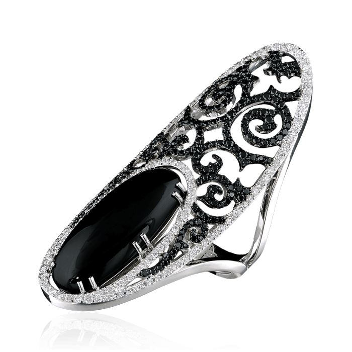 Кольцо с ониксом, белыми и черными бриллиантами в белом золоте 750 пробы, фото № 1