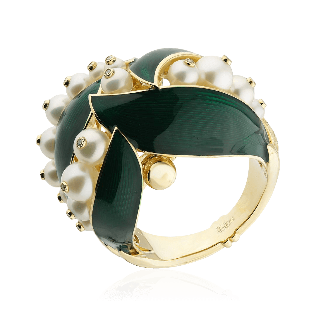 Кольцо Ландыш с бриллиантами, жемчугом из желтого золота 750 пробы, фото № 1