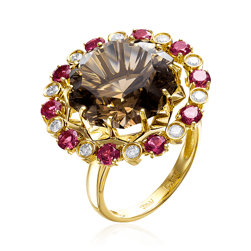 Кольцо с раухтопазом, бриллиантами, турмалином из желтого золота 585 пробы, фото № 1
