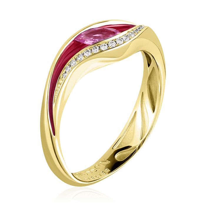 Кольцо с сапфиром, эмалью, бриллиантами из желтого золота 750 пробы, фото № 1