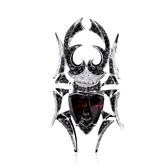 Кулон Жук-олень с гранатом, белыми и черными бриллиантами в белом золоте 750 пробы, фото № 1
