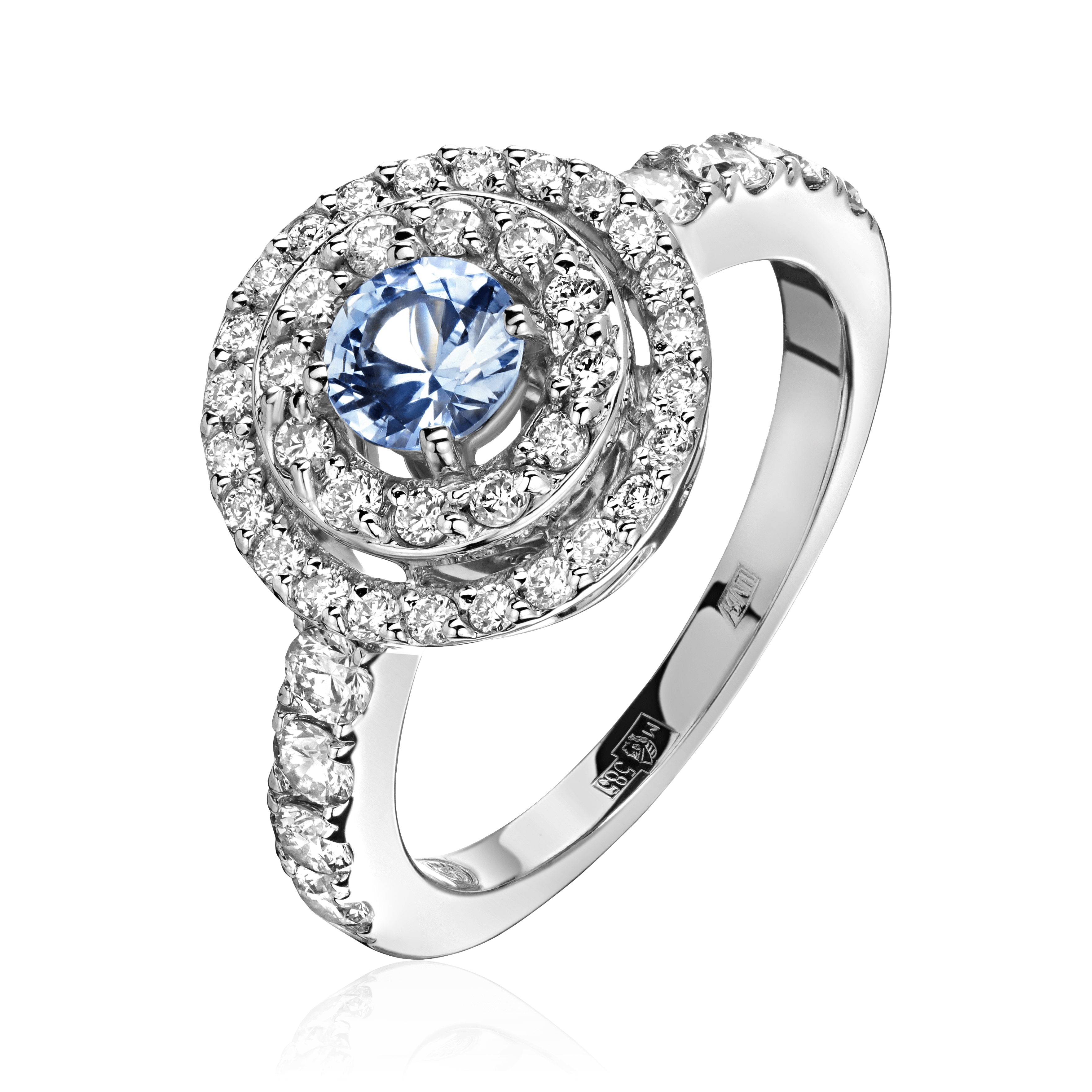 Кольцо с голубым сапфиром, бриллиантами из белого золота 585 пробы, фото № 1