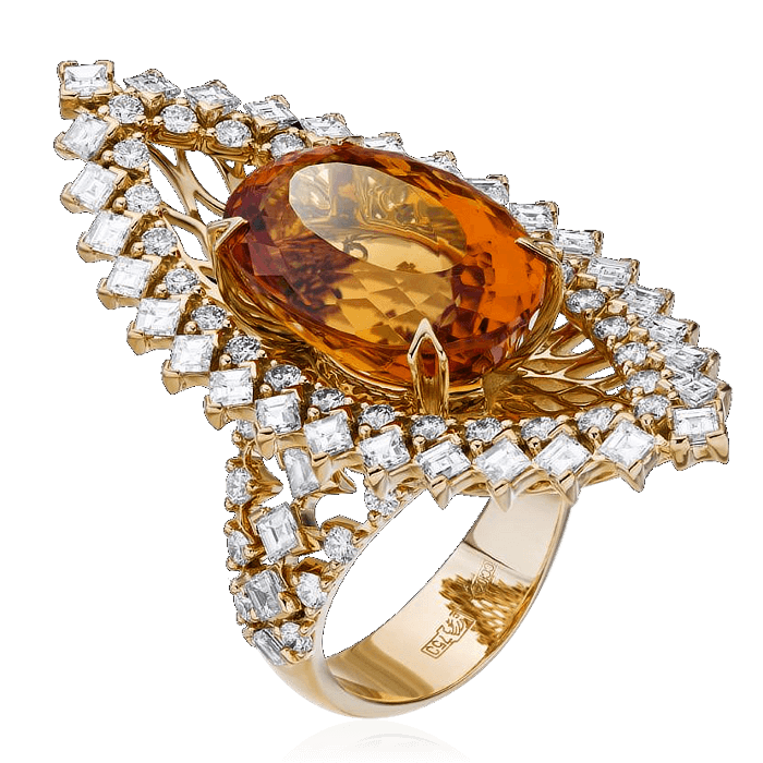 Кольцо с топазом Империал, бриллиантами из желтого золота 750 пробы, фото № 1