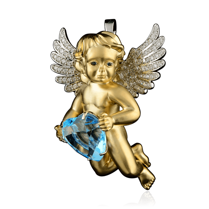 Кулон Ангел с топазом, сапфирами и бриллиантами в желтом и белом золоте 585 пробы, фото № 1