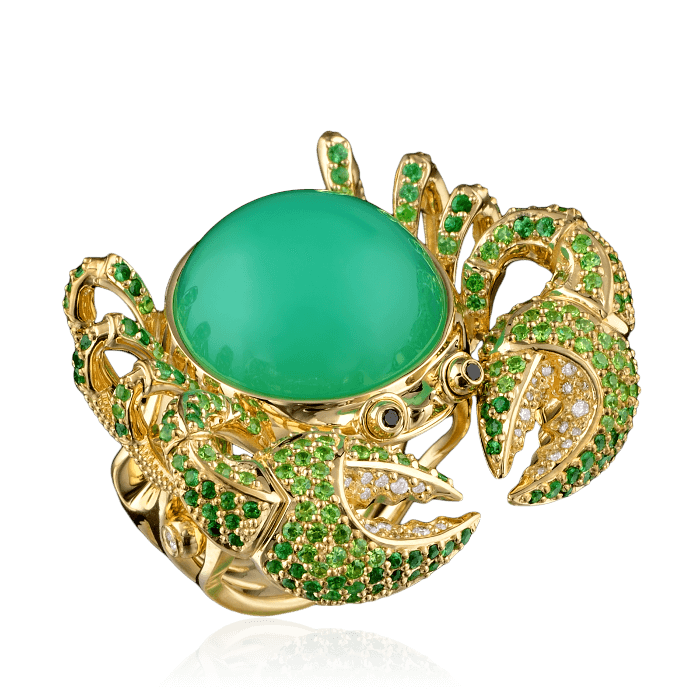 Кольцо Краб с цветными камнями и бриллиантами в желтом золоте 750 пробы (арт. 28250)