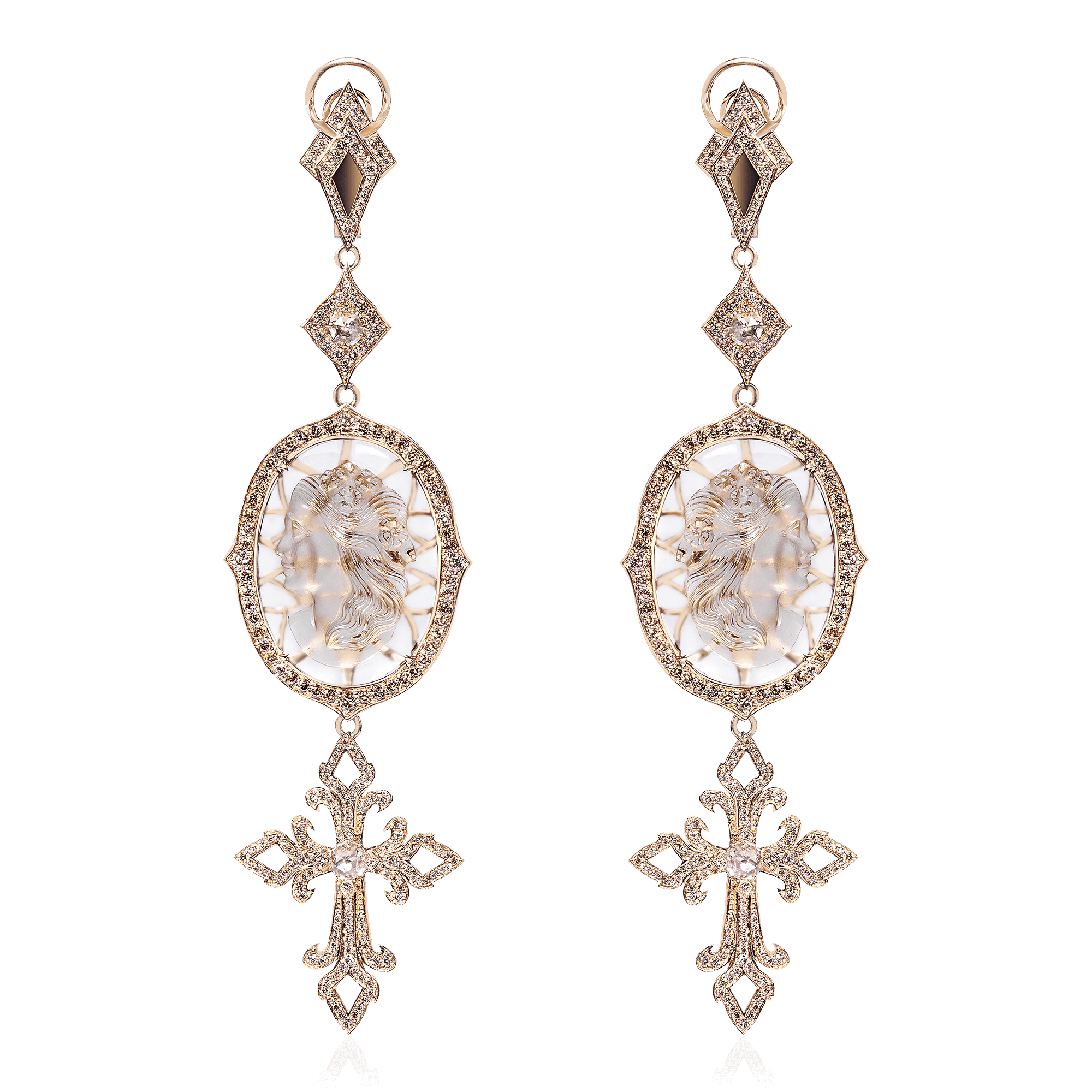 Серьги крестики с бриллиантами и камеей на дымчатом кварце из розового золота 750 пробы (арт. 91460)