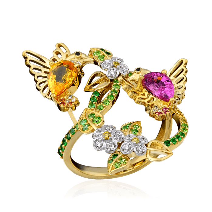 Кольцо Птицы с цветными камнями и бриллиантами в желтом золоте 750 пробы, фото № 1