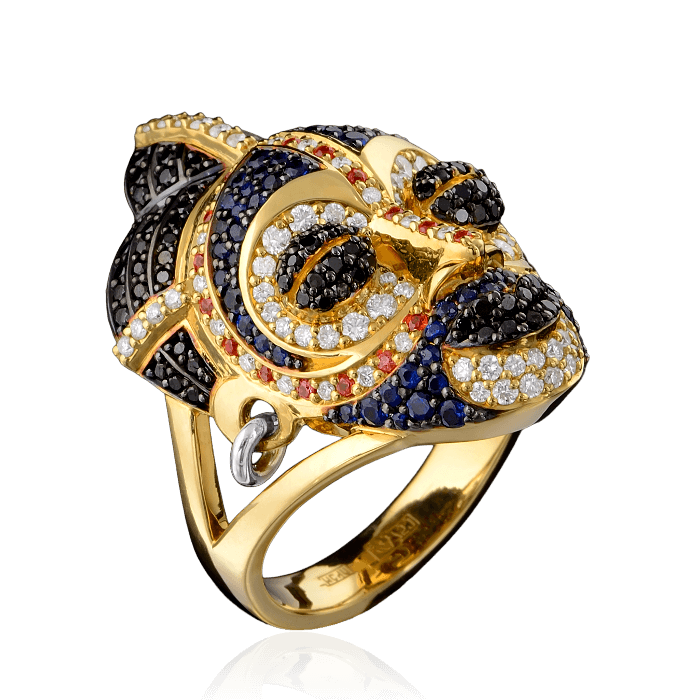 Кольцо Маска с синими и оранжевыми сапфирами, белыми и черными бриллиантами в желтом золоте 750 пробы (арт. 28220)