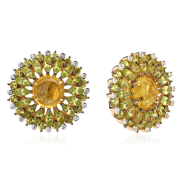 Серьги с турмалином, хризолитами, бриллиантами из желтого золота 585 пробы (арт. 60304)